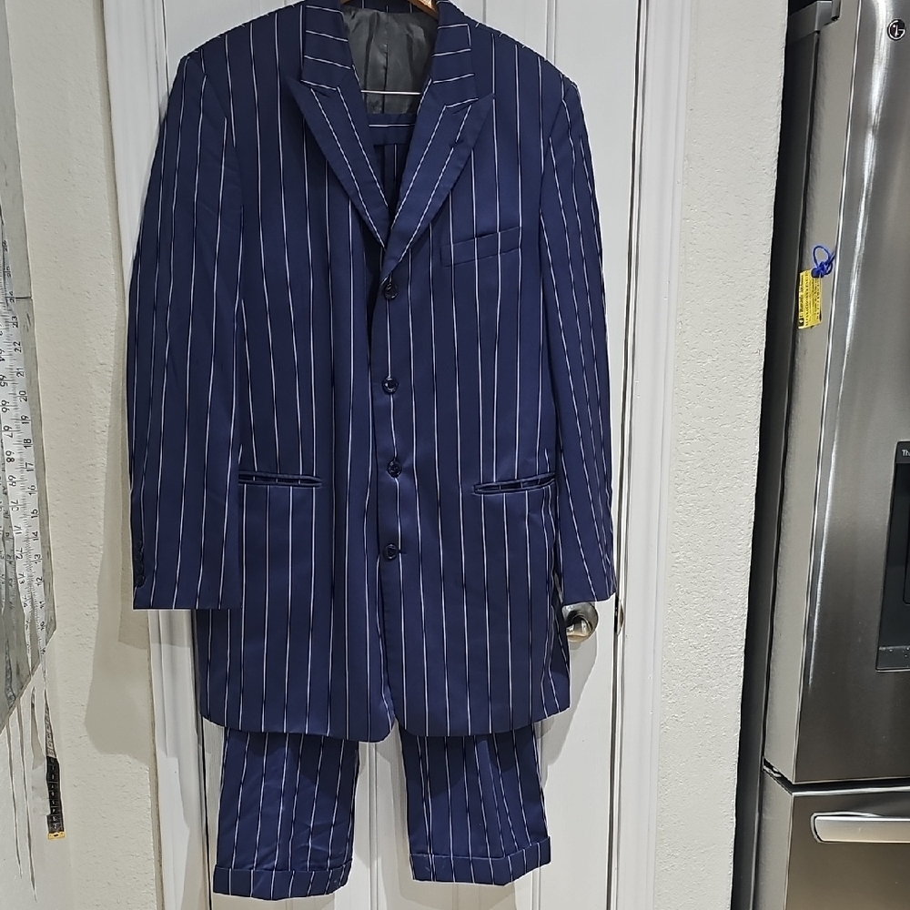 Navy Pinstripe Men's Suit Blazer and Pants